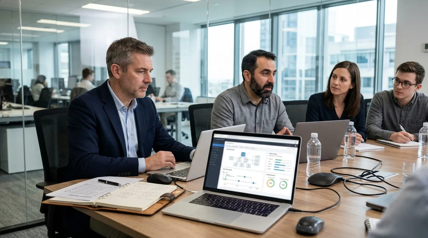 Business executive evaluating a software development team and project plan during a vendor selection meeting.