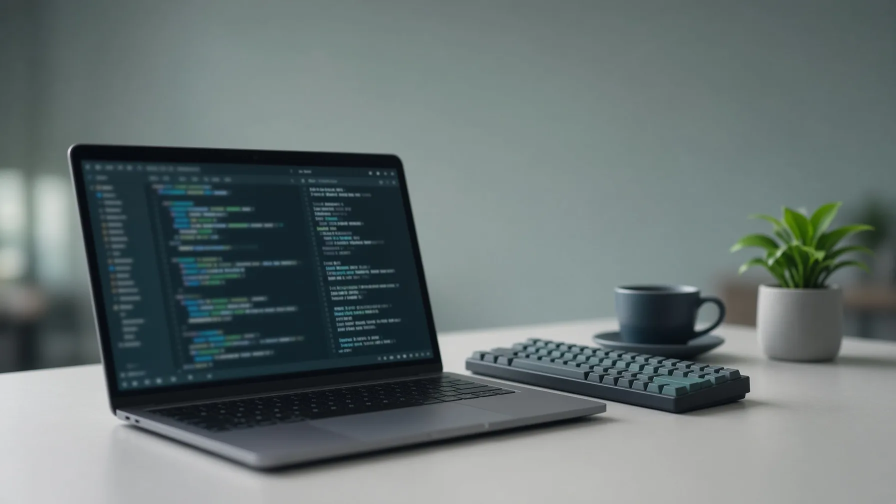 Laptop with a blurred code editor and deployment terminal beside a keyboard, coffee, and a plant on a clean desk