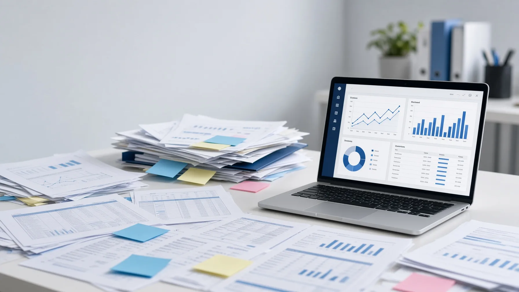 Cluttered desk of spreadsheets and sticky notes giving way to a single clean laptop dashboard