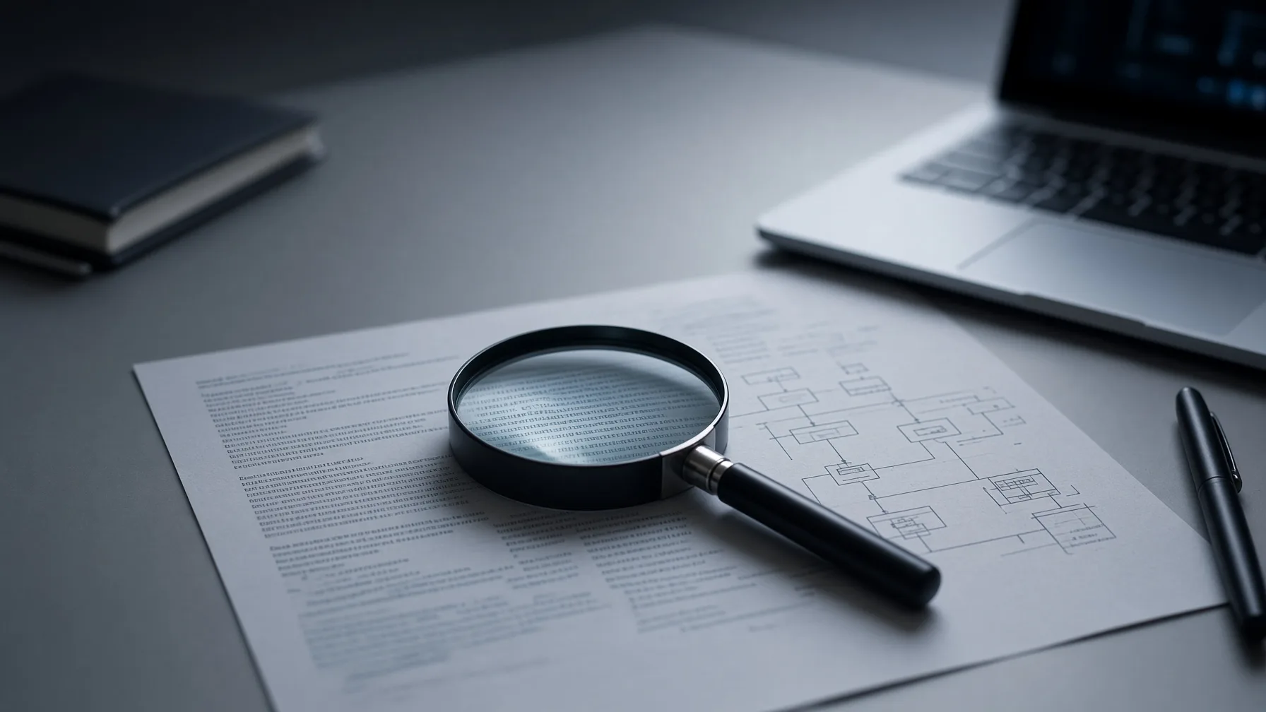 Magnifying glass over printed source code and architecture diagrams during a software project audit