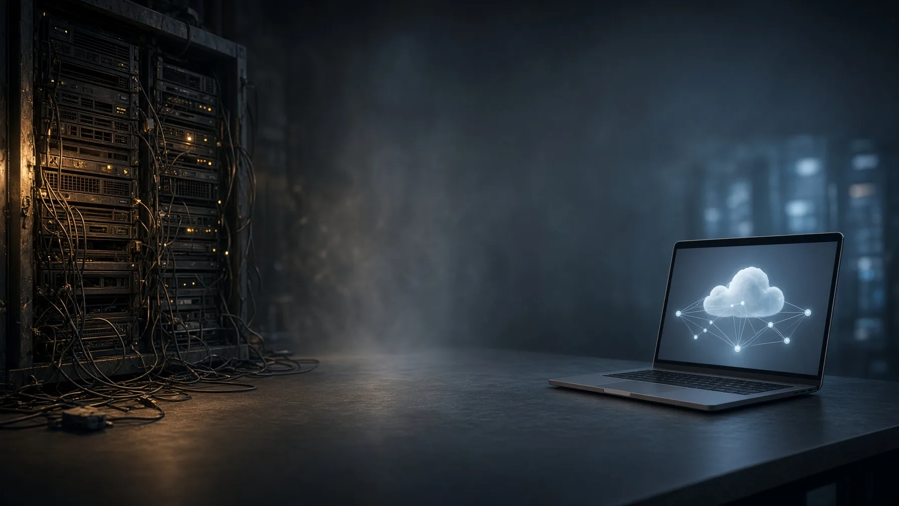 Aging server rack transitioning into sleek modern cloud infrastructure, representing legacy software modernization