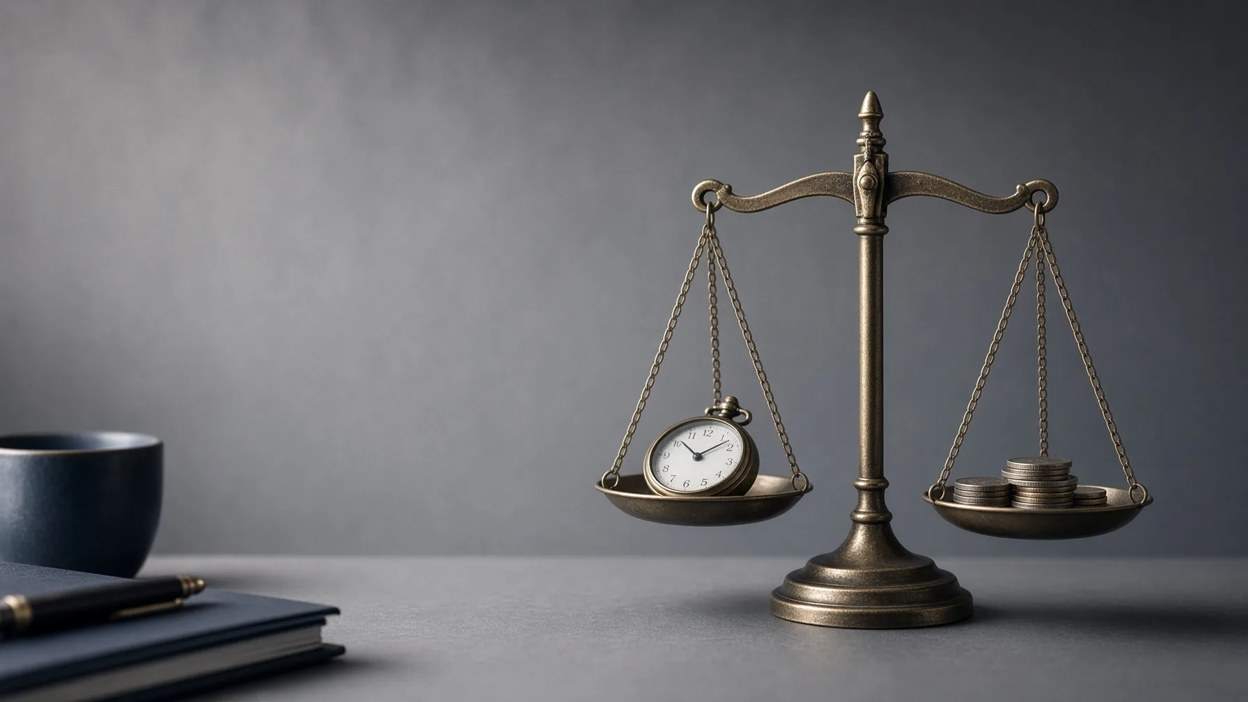 Brass balance scale weighing a clock against coins, representing fixed-price versus hourly software development cost