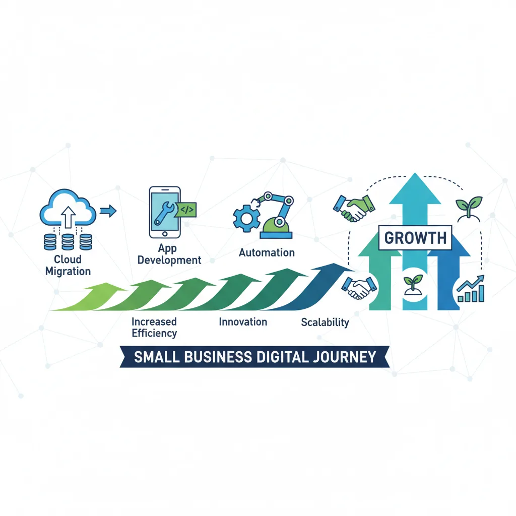 infographic showing digital transformation journey for small business: cloud migration, app development, automation, growth arrows, tech icons