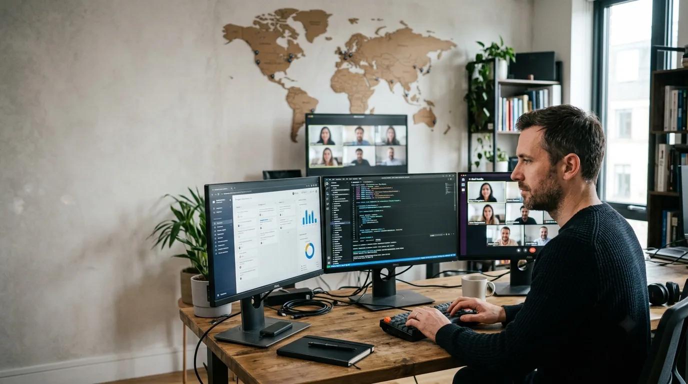 Software developers working remotely with colleagues from different regions, representing global development rates in 2026.