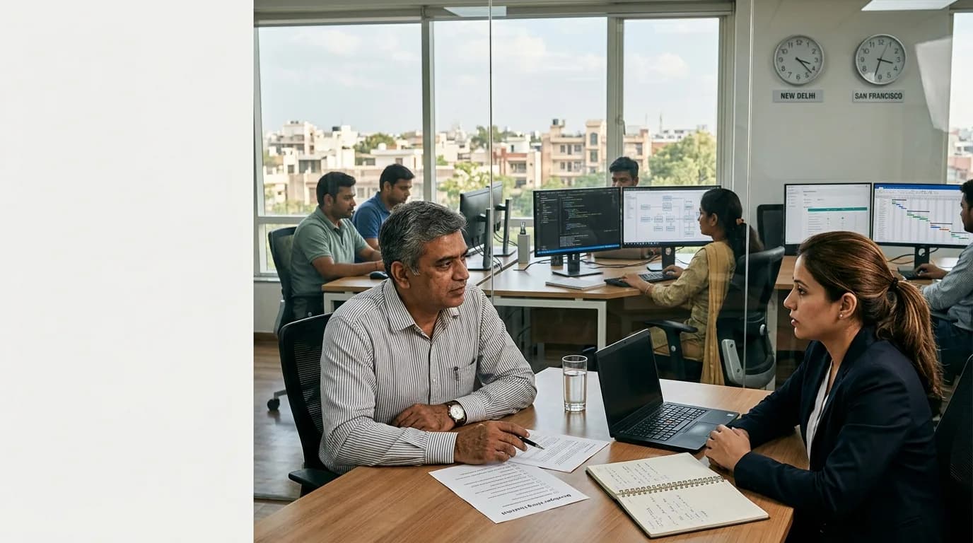 Senior New Delhi software team discussing developer hiring, time zones, and selecting an outsourcing partner with a client.