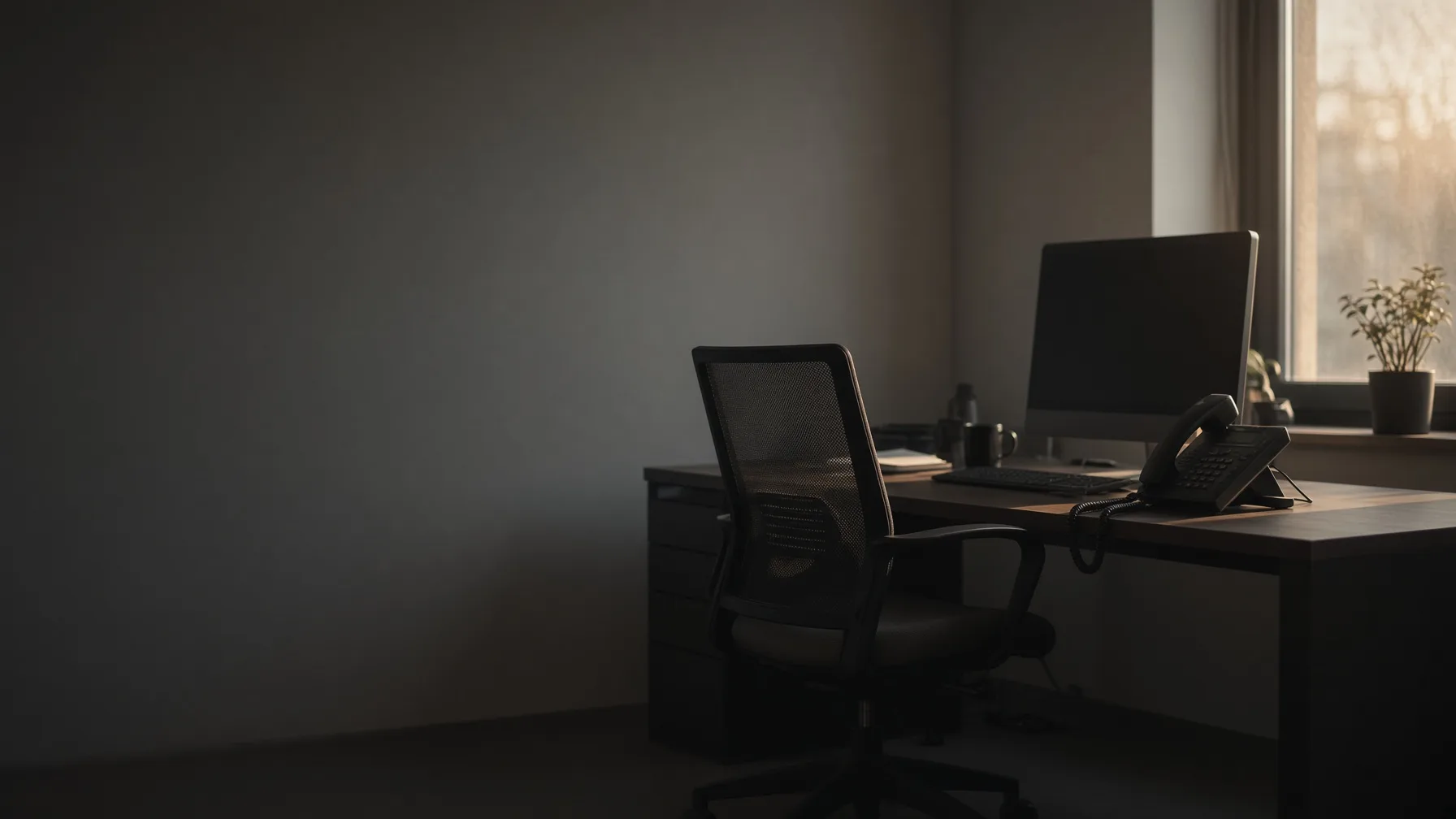 Empty office chair at a desk with a dark monitor and an unanswered ringing phone in fading light