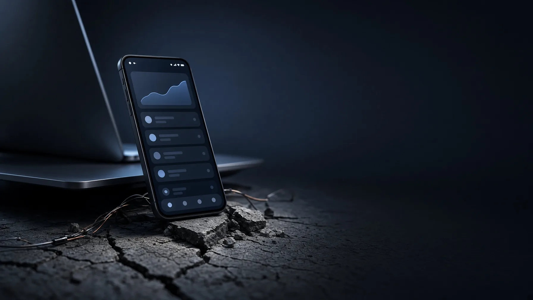 Polished app prototype on a phone with exposed wiring beneath it, symbolizing hardening a quickly built app for production
