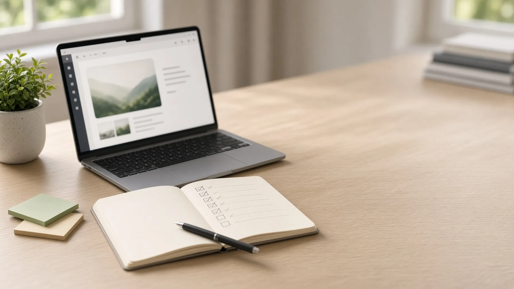 Clean web app on a laptop with a ticked checklist, sticky notes, and a plant on a bright desk