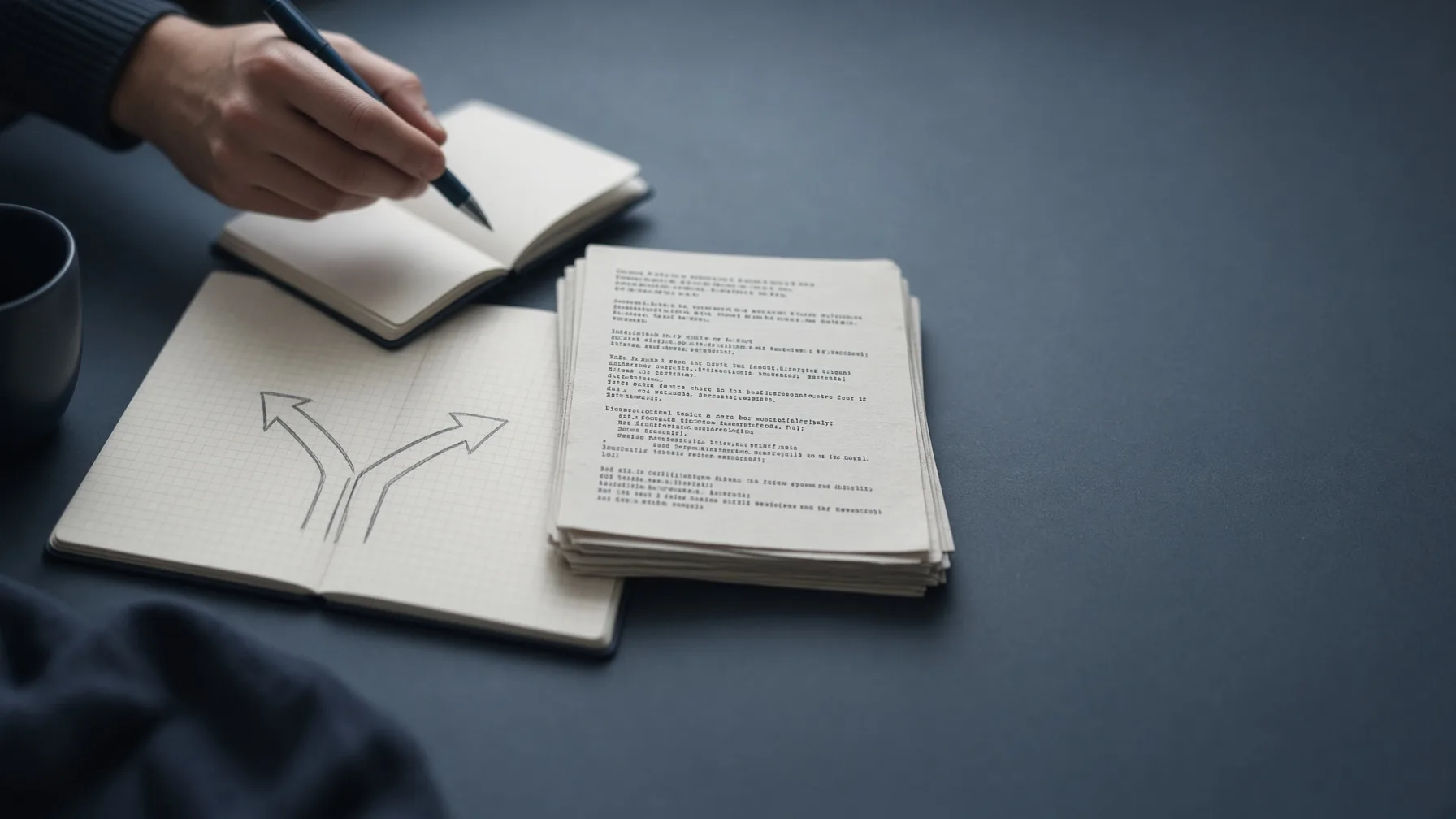 Notebook with two diverging arrows toward a blank page and a stack of existing code, a hand deciding with a pen