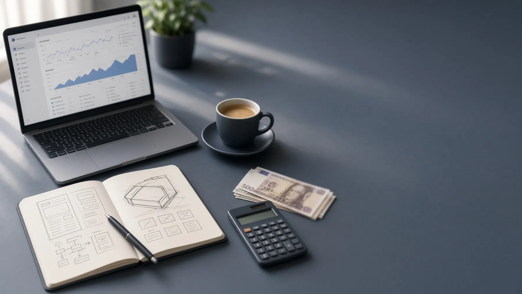 Founder's desk with product sketches, laptop dashboard, and cash beside a calculator, illustrating SaaS MVP budgeting