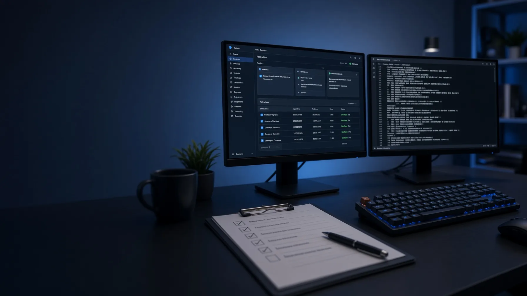 Developer dual-monitor setup with a web app, server terminal, and a clipboard checklist in the foreground