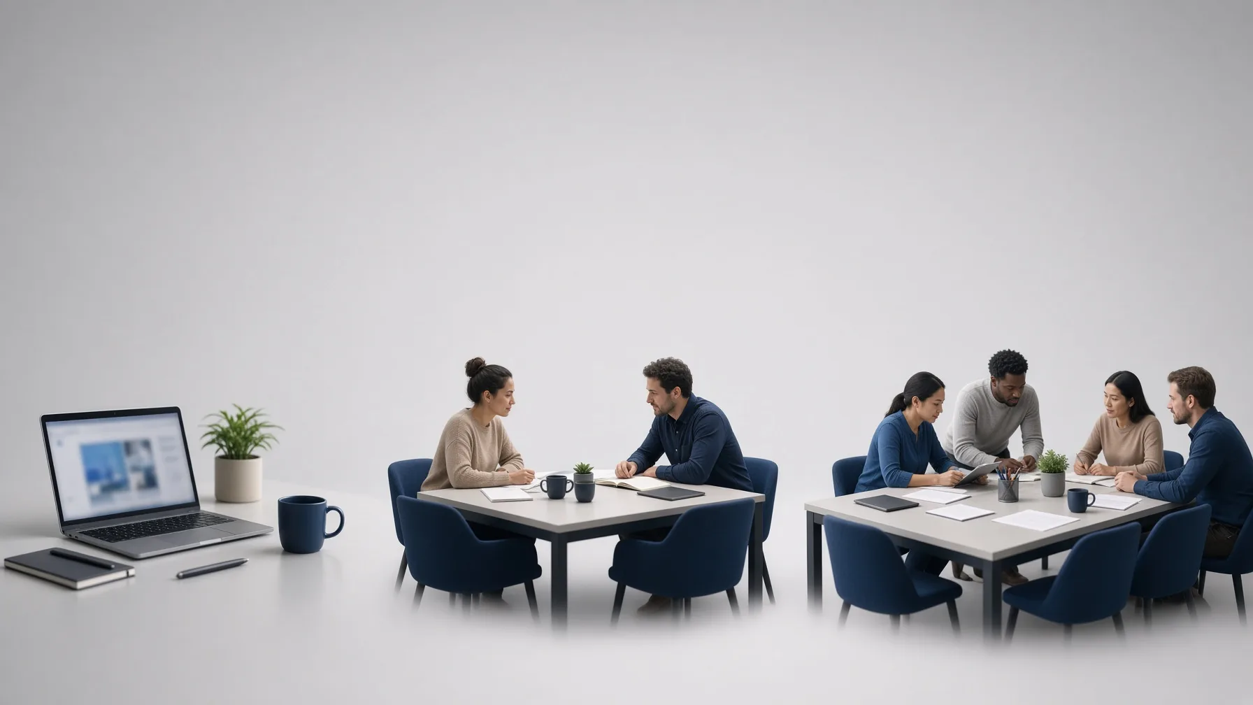 Three workspaces side by side — a freelancer's laptop, an agency table, and a team desk — shown as a comparison